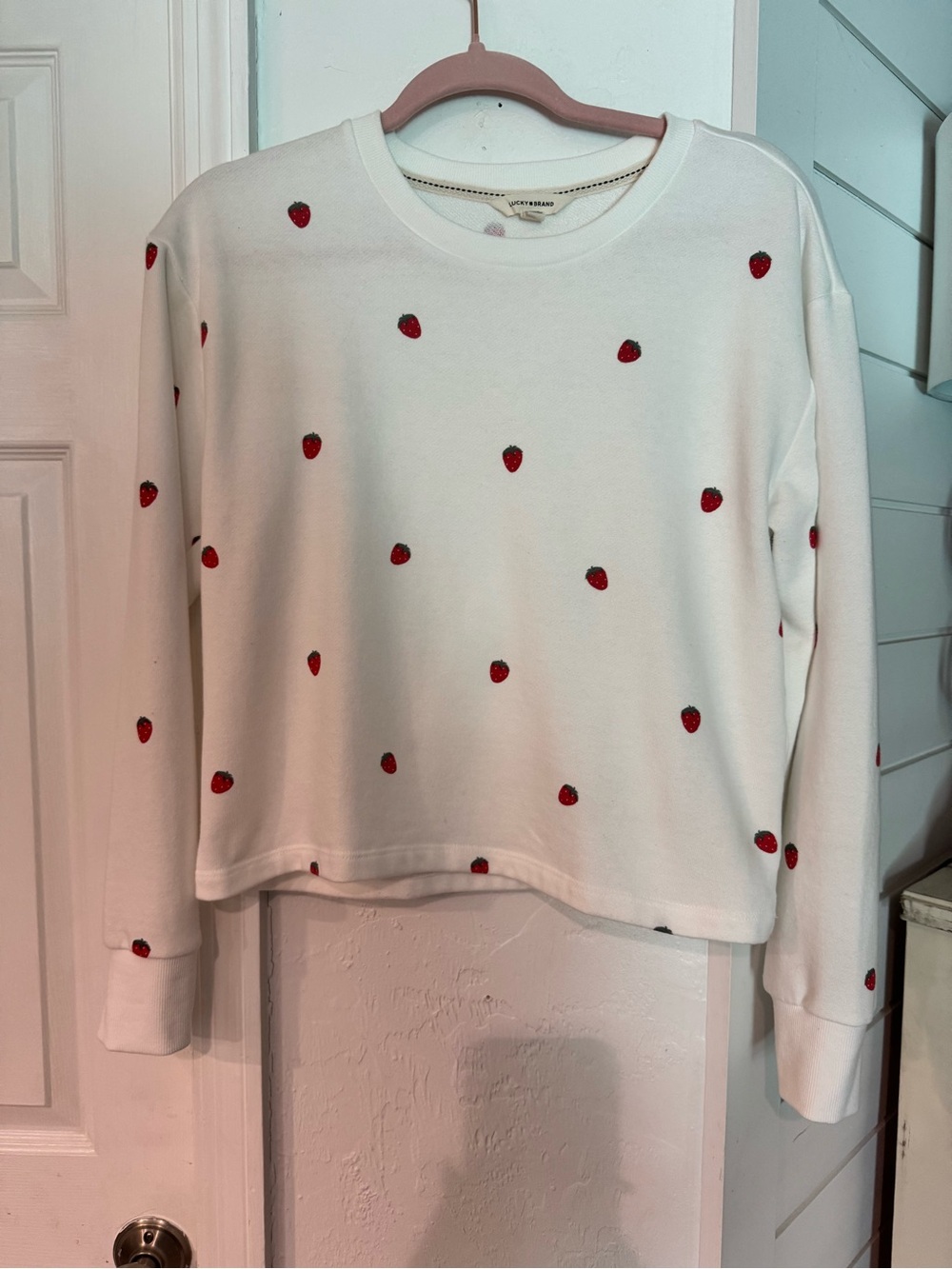 Lucky Brand White Sweatshirt with Red Strawberry Embroidery